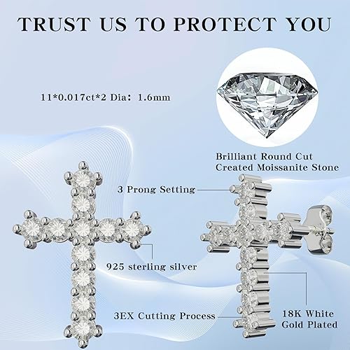 ONE PAIR: Gorgeous The Cross STUD EARRINGS MOISSANITE DIAMONDS D Color VVS1 Clarity Brilliant Earrings 925 Sterling Silver 18K WHITE Gold Plated 1.6mm