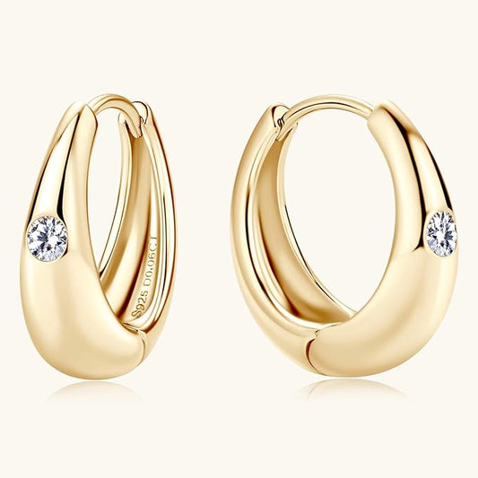 ONE PAIR: 925 Sterling Silver MOISSANITE Classic Round Hoop Earrings, D Color Lab Create Diamond, 14K Gold Plated Sterling Silver Hoop Earring