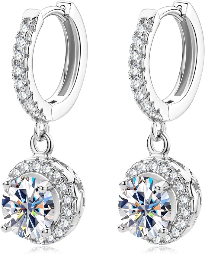 ONE PAIR: 18K White Gold Plated in 925 Sterling Silver Huggie Hoop Earrings Dangle Drop Earrings HIGH QUALITY MOISSANITE DIAMOND Brilliant ROUND Cut 2ct (6.5mm/1ct*2)