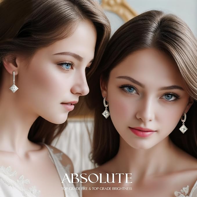 ONE PAIR: 925 Sterling Silver HOOP DROP MOISSANITE Earrings  Brilliant ROUND CUT HIGH QUALITY MOISSANITE DIAMOND 18 K White Gold Plated