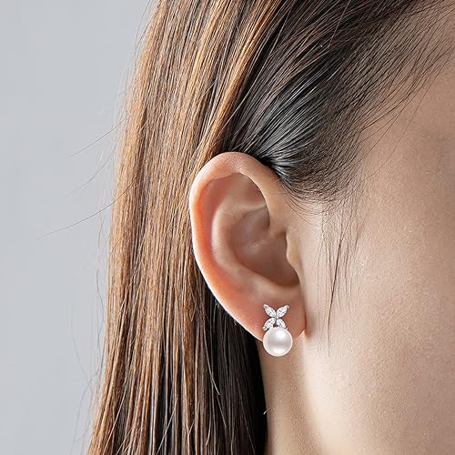 ONE PAIR:  Elegant Freshwater Cultured White Pearl Drop Stud Earrings  AAAA Cubic Zirconia set in Sterling Silver