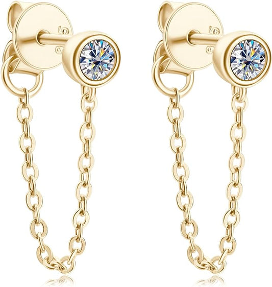 ONE PAIR: Dangle Chain Earrings 925 Sterling Silver 18K GOLD PLATED Drop Stud Earrings, HIGH QUALITY MOISSANITE Diamonds  GRA Certificate