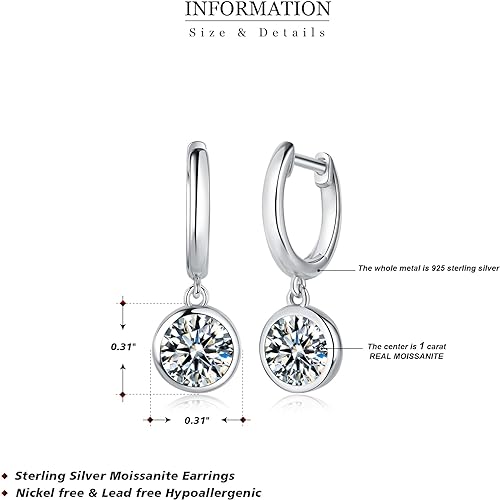 ONE PAIR: 925 Sterling Silver MOISSANITE DANGLE DROP Earrings HIGH QUALITY MOISSANITE DIAMOND Brilliant ROUND CUT