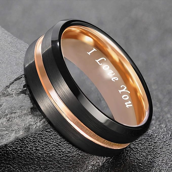 8mm Genuine Tungsten Carbide "I Love You" Engraved Inside RING" Black Brushed  8mm, Rose Gold Line Center-Band Width 8mm Ring Comfort fit