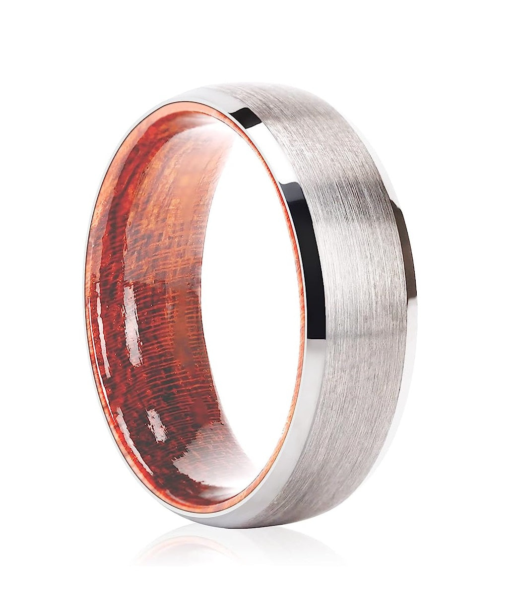 Carbide Tungsten Color: SILVER 8mm RING Rosewood Inlay High Polished inner-face design smooth and shiny. Comfort Fit Wedding Band Size 6-15