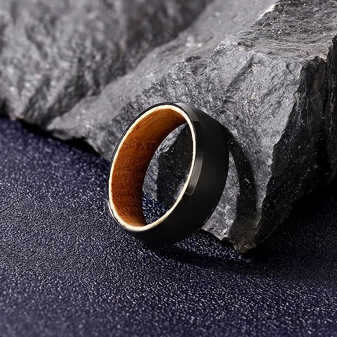 Genuine Carbide Tungsten Color: BLACK 8mm RING Rosewood Inlay High Polished inner-face design smooth and shiny. Comfort Fit Wedding Band Size 6-15