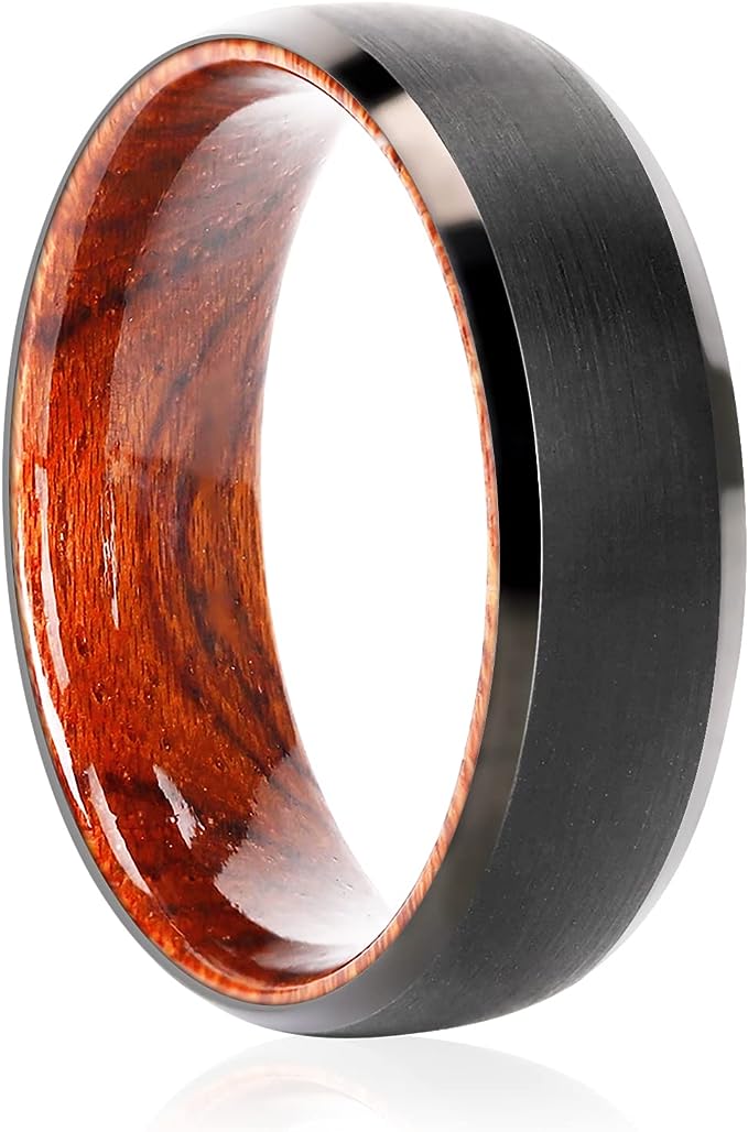 Genuine Carbide Tungsten Color: BLACK 8mm RING Rosewood Inlay High Polished inner-face design smooth and shiny. Comfort Fit Wedding Band Size 6-15