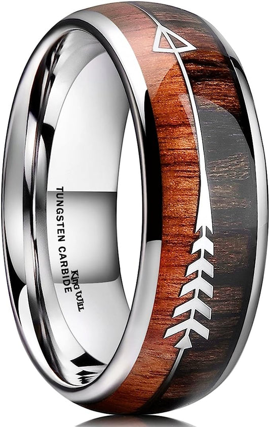 Genuine Carbide Tungsten Color: SILVER 8mm  WOOD Inlay & Arrow High Polished inner-face design smooth and shiny. Comfort Fit Wedding Band Size 6-15