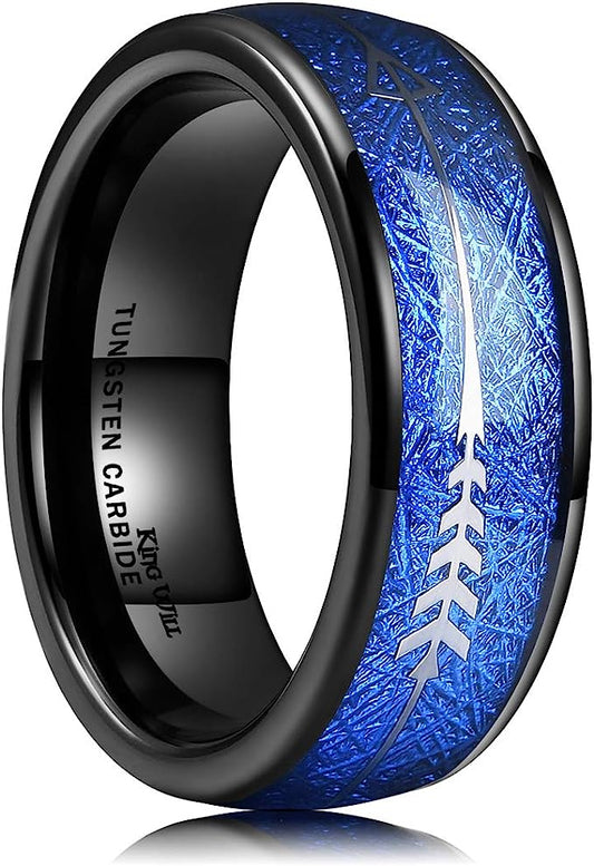 Genuine Carbide Tungsten Color: BLACK  8mm  blue Imitated Meteorite Inlay & Arrow High Polished inner-face design smooth and shiny. Comfort Fit Wedding Band Size 6-15