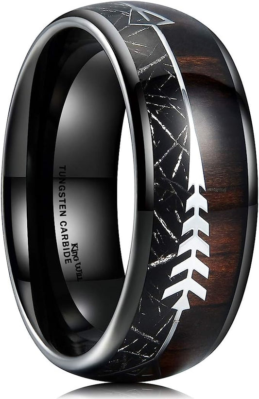 Genuine Carbide Tungsten Color: BLACK  8mm Wood and Imitated Meteorite Inlay & Arrow High Polished inner-face design smooth and shiny. Comfort Fit Wedding Band Size 6-15