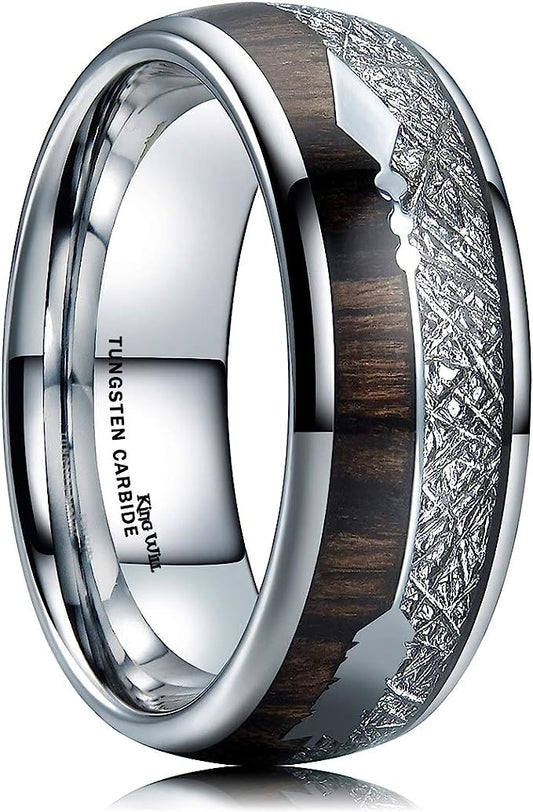 Genuine Carbide Tungsten Color: BLACK  8mm Wood and Imitated Meteorite Inlay & Arrow High Polished inner-face design smooth and shiny. Comfort Fit Wedding Band Size 6-15