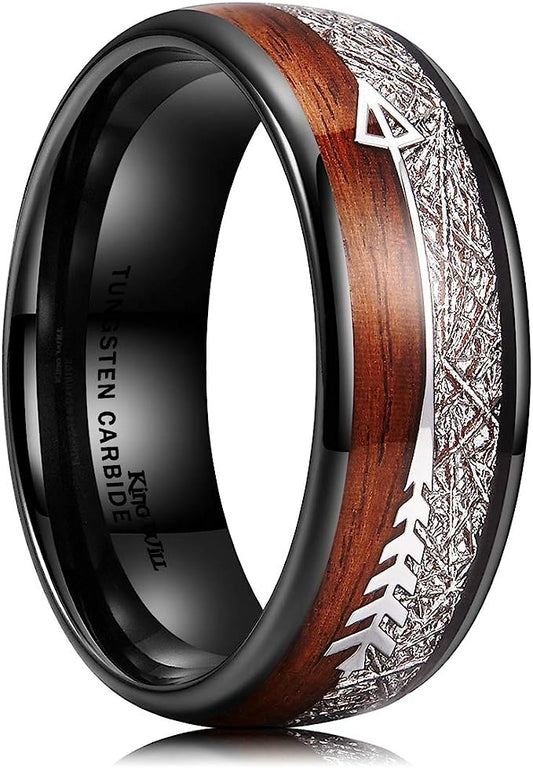 Genuine Carbide Tungsten Color: BLACK  8mm Wood and Imitated Meteorite Inlay & Arrow High Polished inner-face design smooth and shiny. Comfort Fit Wedding Band Size 6-15