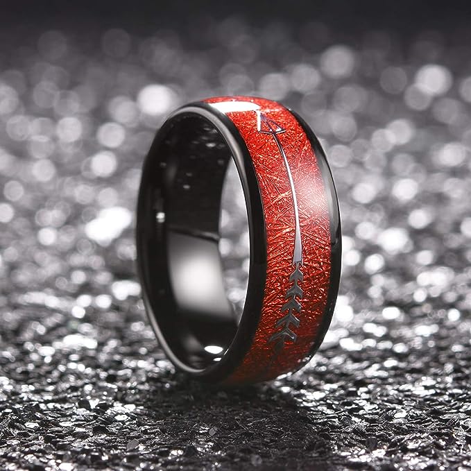 Genuine Carbide Tungsten Color: BLACK  8mm RED Carbon Fiber Inlay & Arrow High Polished inner-face design smooth and shiny. Comfort Fit Wedding Band Size 6-15