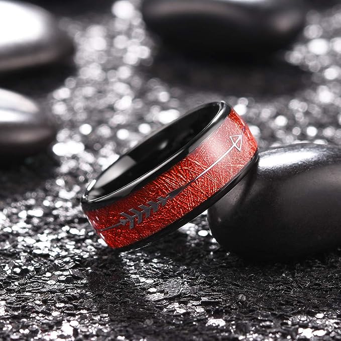 Genuine Carbide Tungsten Color: BLACK  8mm RED Carbon Fiber Inlay & Arrow High Polished inner-face design smooth and shiny. Comfort Fit Wedding Band Size 6-15