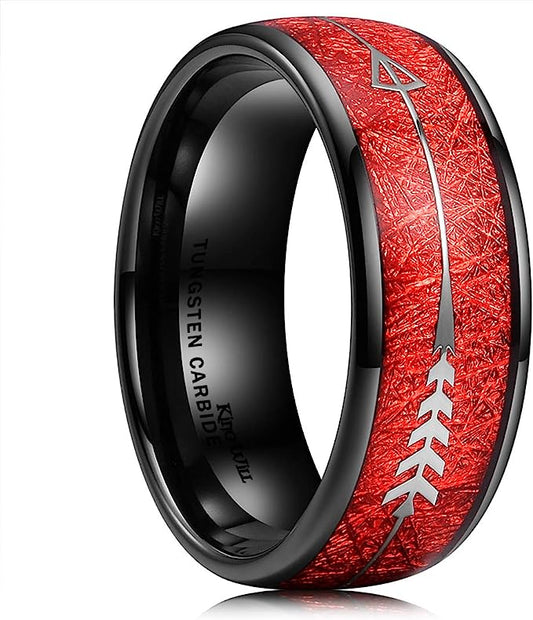 Genuine Carbide Tungsten Color: BLACK  8mm RED Carbon Fiber Inlay & Arrow High Polished inner-face design smooth and shiny. Comfort Fit Wedding Band Size 6-15