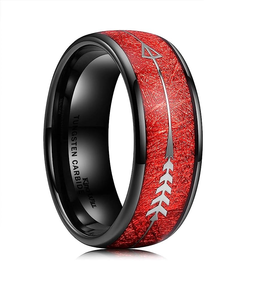 Genuine Carbide Tungsten Color: BLACK  8mm RED Carbon Fiber Inlay & Arrow High Polished inner-face design smooth and shiny. Comfort Fit Wedding Band Size 6-15