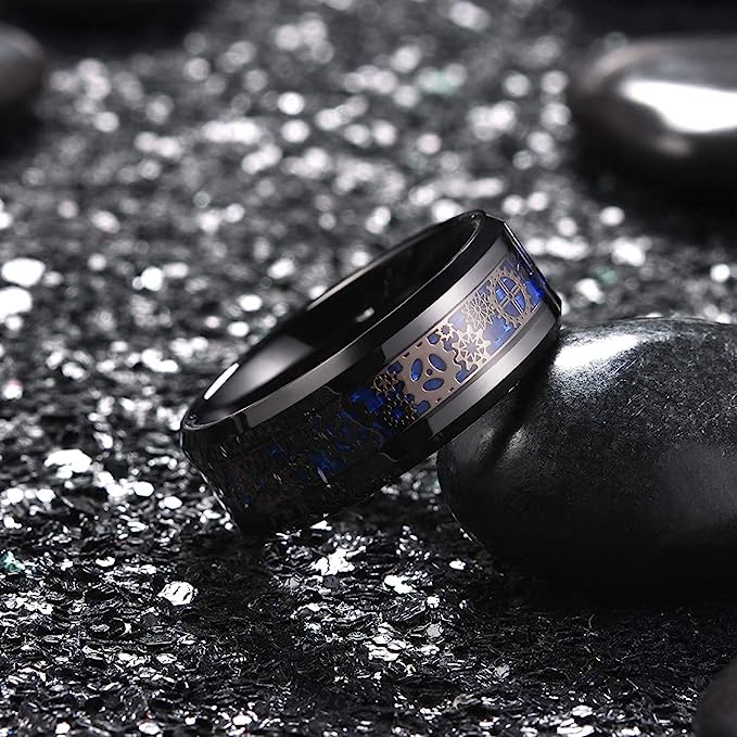 Genuine Carbide Tungsten Color: BLACK  8mm GOLD Gear RING BLUE Carbon Fiber Inlay  high polished inner-face design smooth and shiny. Comfort Fit Wedding Band Size 6-15