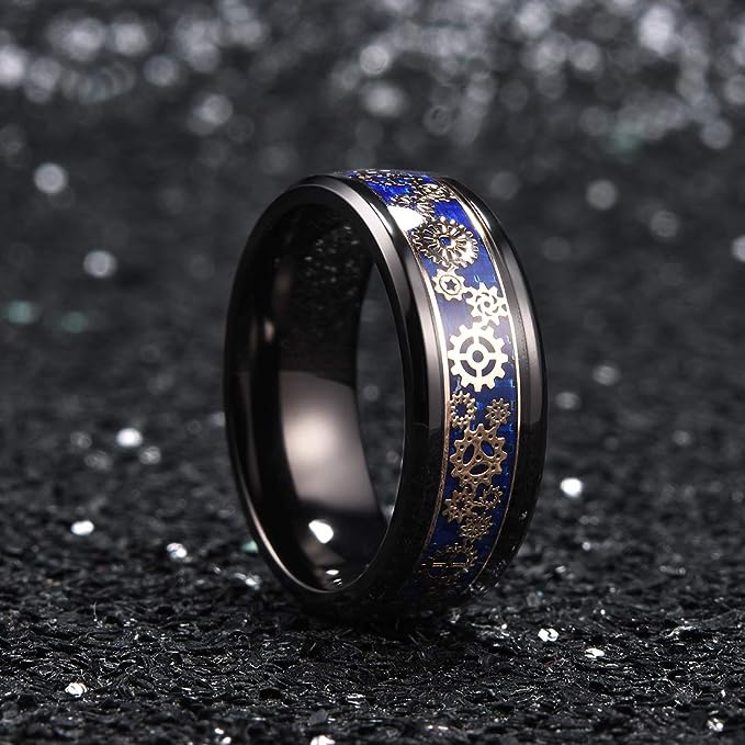 Genuine Carbide Tungsten Color: BLACK  8mm GOLD Gear RING BLUE Carbon Fiber Inlay  high polished inner-face design smooth and shiny. Comfort Fit Wedding Band Size 6-15