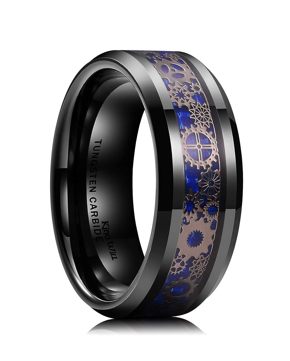 Genuine Carbide Tungsten Color: BLACK  8mm GOLD Gear RING BLUE Carbon Fiber Inlay  high polished inner-face design smooth and shiny. Comfort Fit Wedding Band Size 6-15