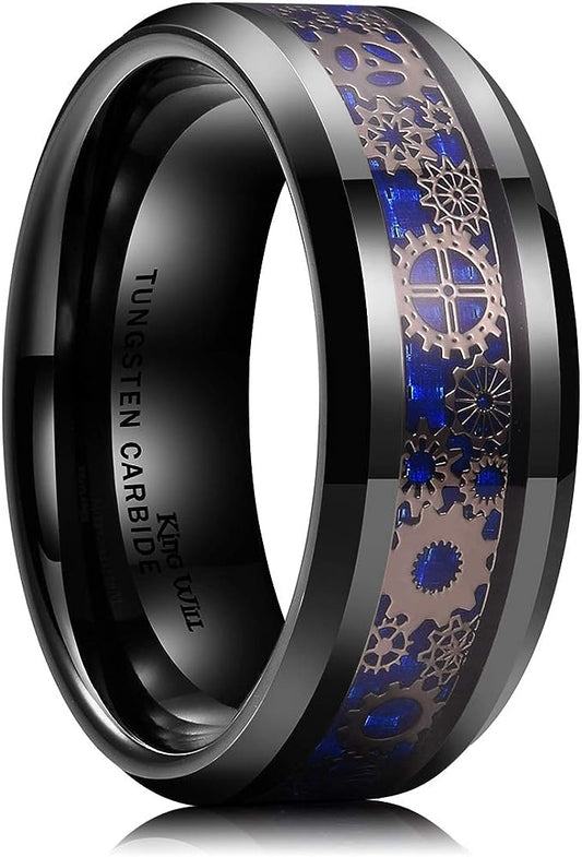 Genuine Carbide Tungsten Color: BLACK  8mm GOLD Gear RING BLUE Carbon Fiber Inlay  high polished inner-face design smooth and shiny. Comfort Fit Wedding Band Size 6-15