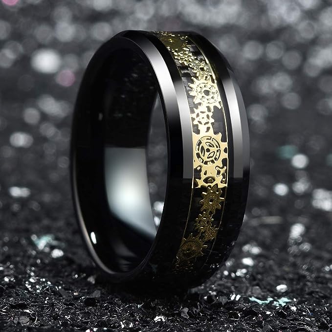 Genuine Carbide Tungsten Color: BLACK  8mm GOLD Gear RING BLACK Carbon Fiber Inlay  high polished inner-face design smooth and shiny. Comfort Fit Wedding Band Size 6-15