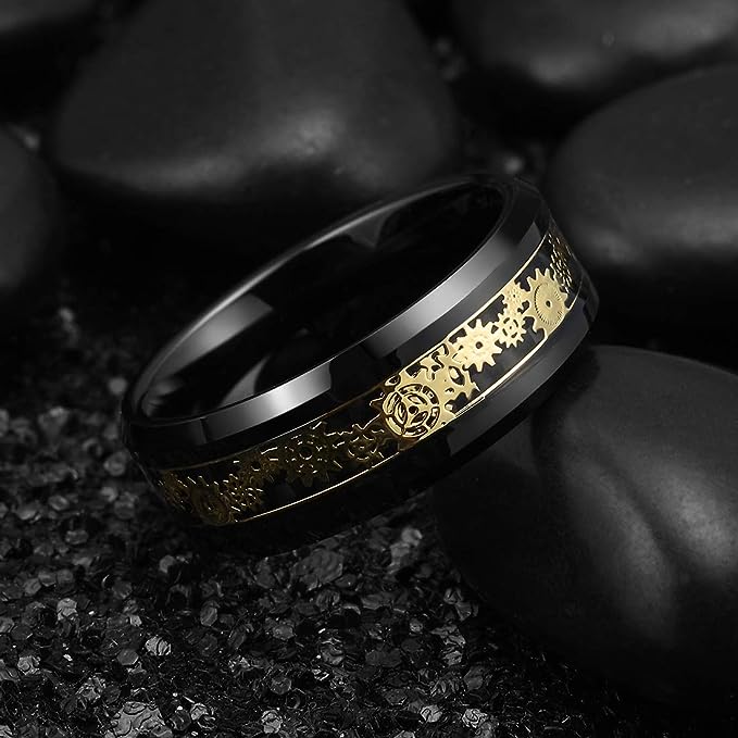 Genuine Carbide Tungsten Color: BLACK  8mm GOLD Gear RING BLACK Carbon Fiber Inlay  high polished inner-face design smooth and shiny. Comfort Fit Wedding Band Size 6-15