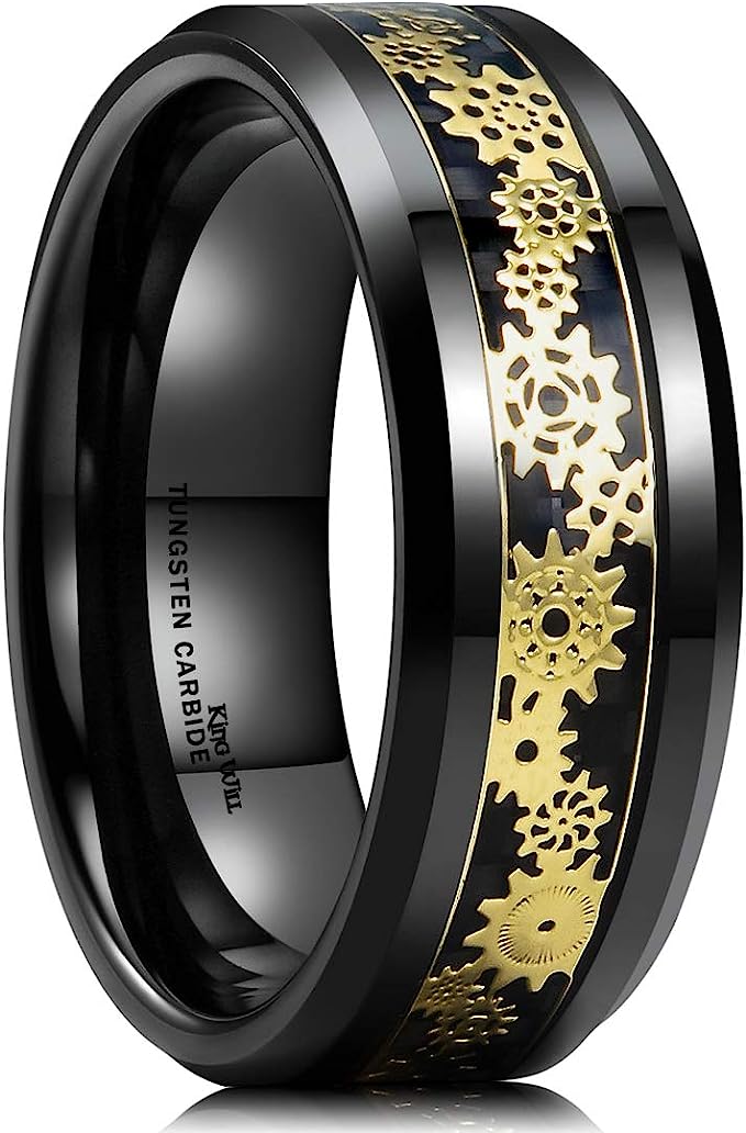 Genuine Carbide Tungsten Color: BLACK  8mm GOLD Gear RING BLACK Carbon Fiber Inlay  high polished inner-face design smooth and shiny. Comfort Fit Wedding Band Size 6-15