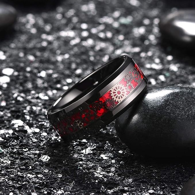 Genuine Carbide Tungsten Color: BLACK  8mm Gear RING RED Carbon Fiber Inlay  high polished inner-face design smooth and shiny. Comfort Fit Wedding Band Size 6-15