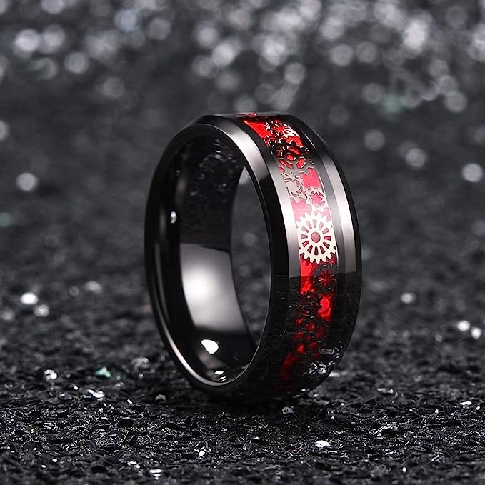 Genuine Carbide Tungsten Color: BLACK  8mm Gear RING RED Carbon Fiber Inlay  high polished inner-face design smooth and shiny. Comfort Fit Wedding Band Size 6-15