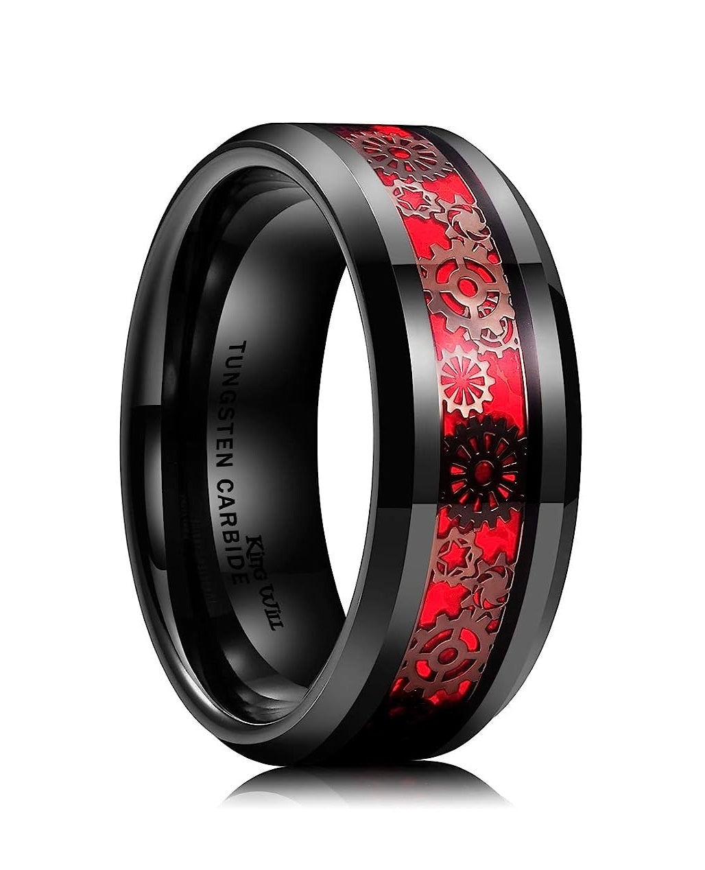 Genuine Carbide Tungsten Color: BLACK  8mm Gear RING RED Carbon Fiber Inlay  high polished inner-face design smooth and shiny. Comfort Fit Wedding Band Size 6-15