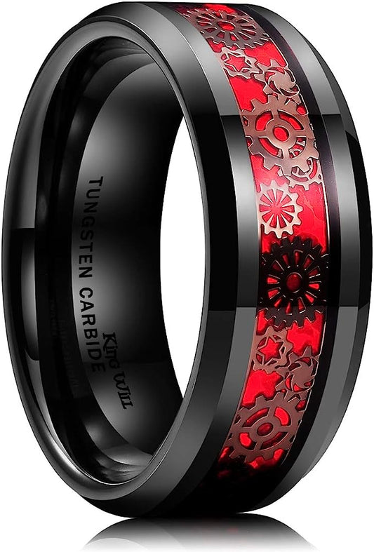 Genuine Carbide Tungsten Color: BLACK  8mm Gear RING RED Carbon Fiber Inlay  high polished inner-face design smooth and shiny. Comfort Fit Wedding Band Size 6-15