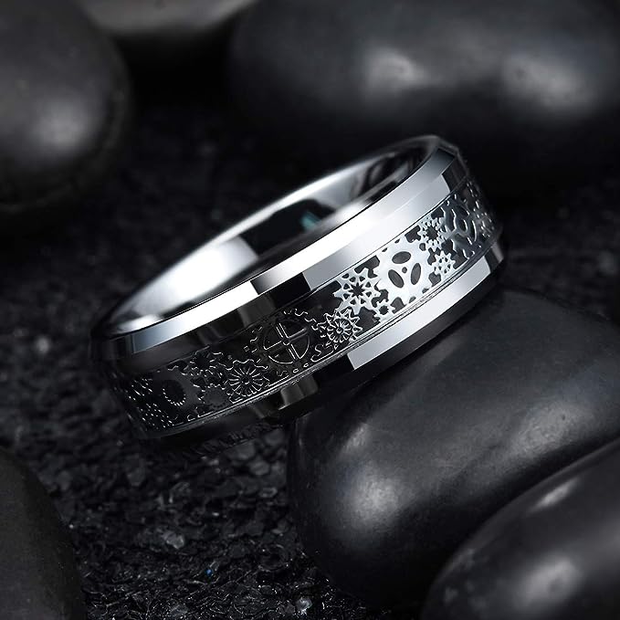 Genuine Carbide Tungsten Color: SILVER  8mm Gear RING GRAY Carbon Fiber Inlay  high polished inner-face design smooth and shiny. Comfort Fit Wedding Band Size 6-15
