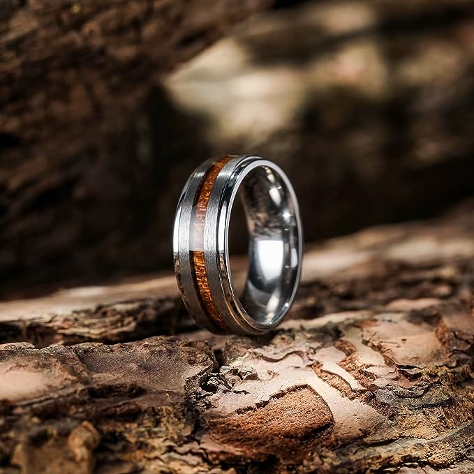 Genuine Titanium Silver Ring 8mm wide with Real Koa wood inlay Wedding Ring High Polished Comfort Fit.