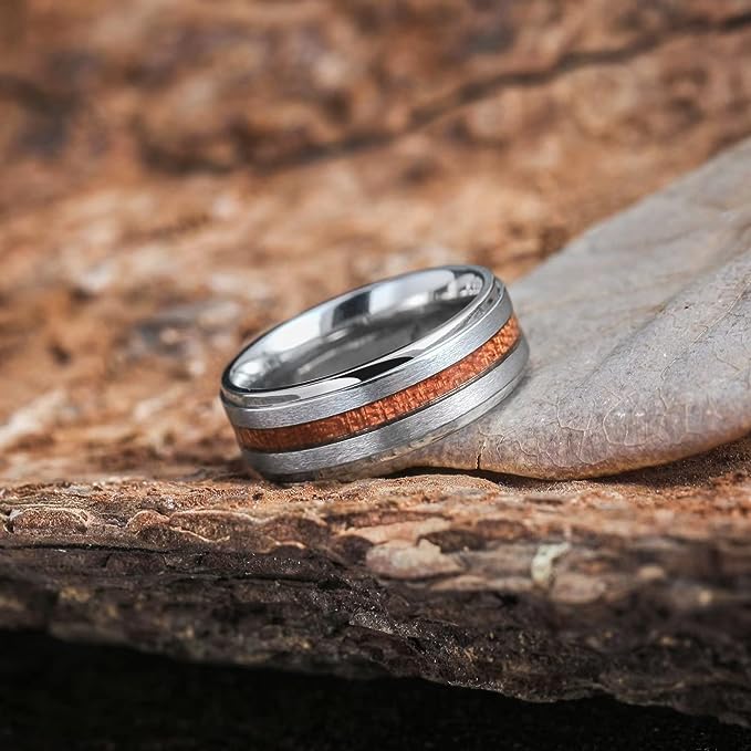 Genuine Titanium Silver Ring 8mm wide with Real Koa wood inlay Wedding Ring High Polished Comfort Fit.