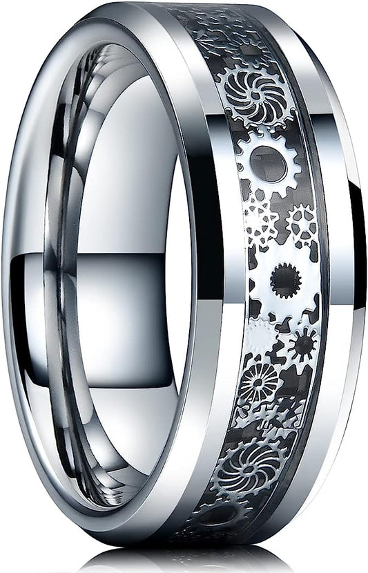 Genuine Carbide Tungsten Color: SILVER  8mm Gear RING GRAY Carbon Fiber Inlay  high polished inner-face design smooth and shiny. Comfort Fit Wedding Band Size 6-15