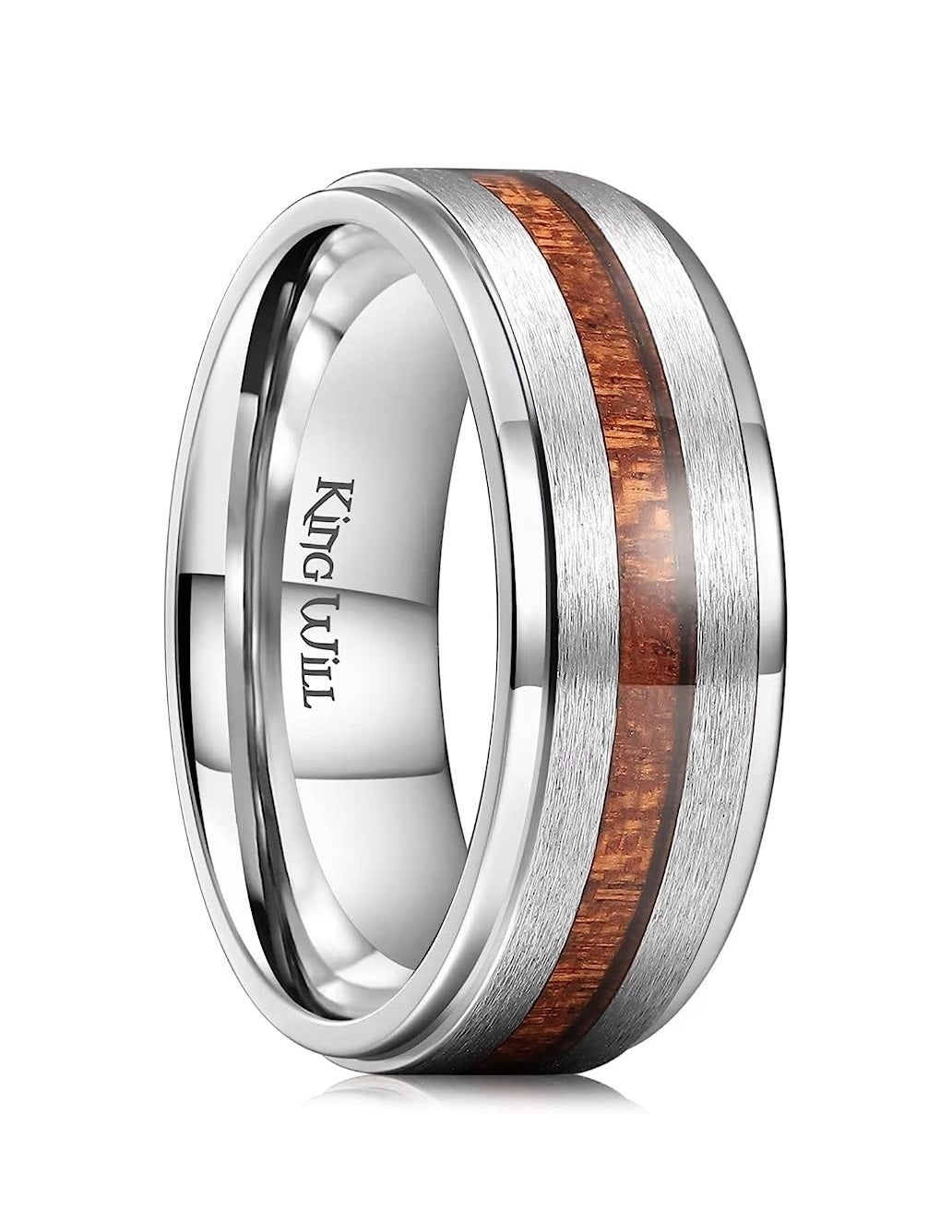 Genuine Titanium Silver Ring 8mm wide with Real Koa wood inlay Wedding Ring High Polished Comfort Fit.