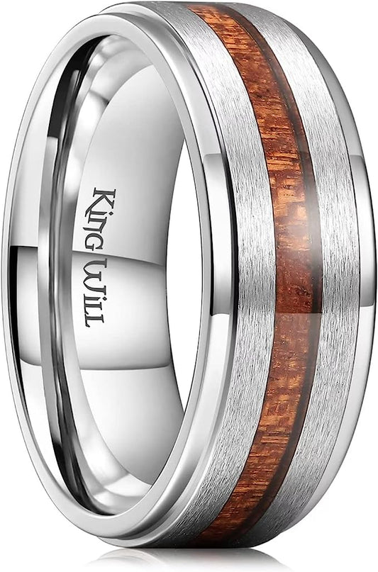 Genuine Titanium Silver Ring 8mm wide with Real Koa wood inlay Wedding Ring High Polished Comfort Fit.