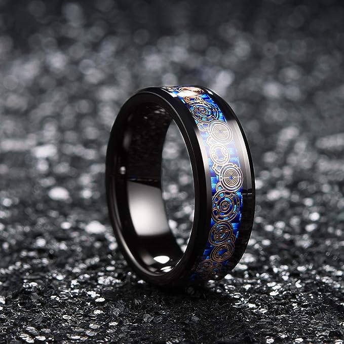 Genuine Carbide Tungsten Color: BLACK  8mm Gear RING BLUE Carbon Fiber Inlay  high polished inner-face design smooth and shiny. Comfort Fit Wedding Band Size 6-15