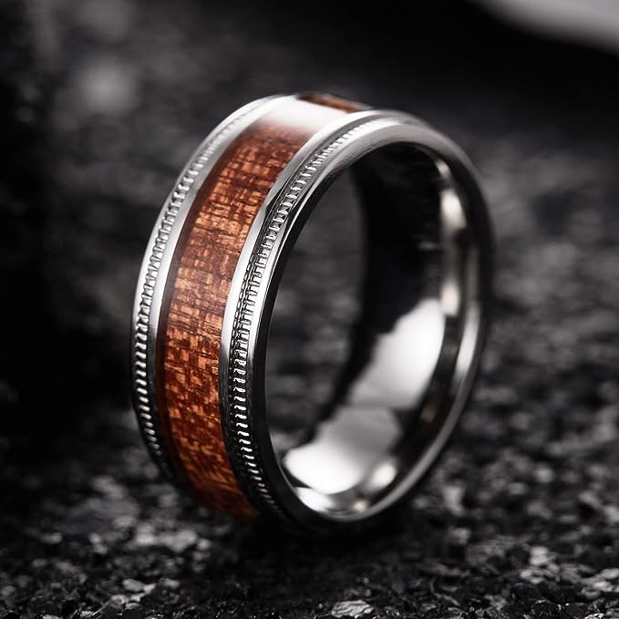 Genuine Titanium Ring 8mm wide with Real Koa wood inlay Wedding Ring High Polished Comfort Fit.