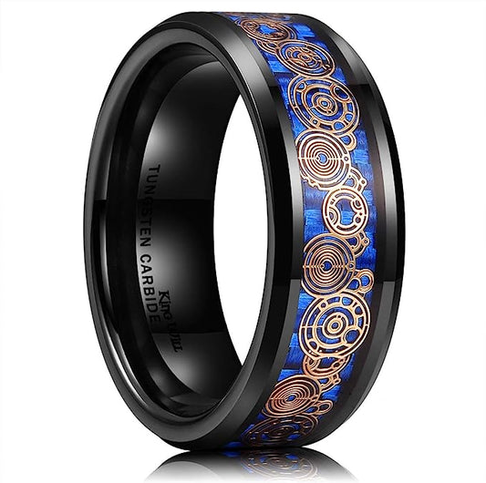 Genuine Carbide Tungsten Color: BLACK  8mm Gear RING BLUE Carbon Fiber Inlay  high polished inner-face design smooth and shiny. Comfort Fit Wedding Band Size 6-15