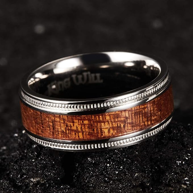 Genuine Titanium Ring 8mm wide with Real Koa wood inlay Wedding Ring High Polished Comfort Fit.