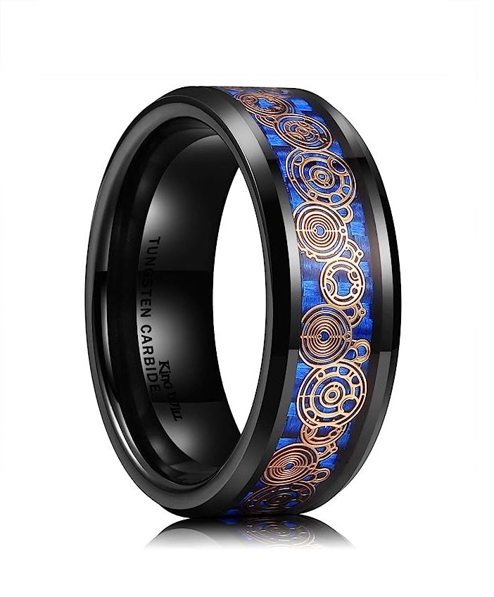 Genuine Carbide Tungsten Color: BLACK  8mm Gear RING BLUE Carbon Fiber Inlay  high polished inner-face design smooth and shiny. Comfort Fit Wedding Band Size 6-15