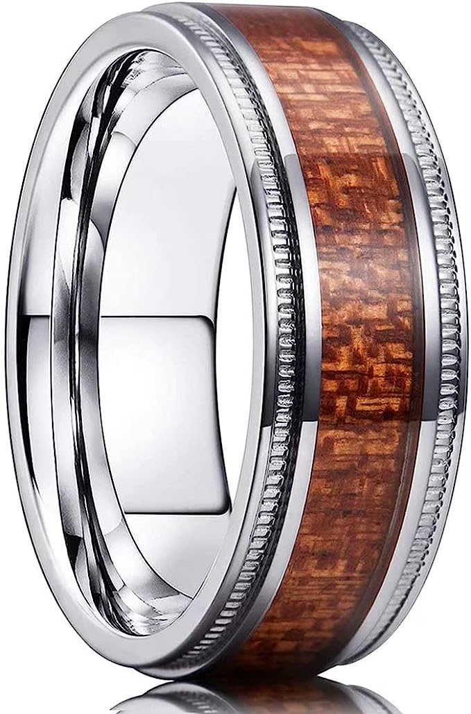 Genuine Titanium Ring 8mm wide with Real Koa wood inlay Wedding Ring High Polished Comfort Fit.