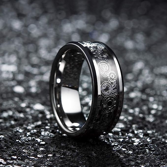 Genuine Carbide Tungsten Color: SILVER 8mm Gear Carbon Fiber Inlay  high polished inner-face design smooth and shiny. Comfort Fit Wedding Band Size 6-15