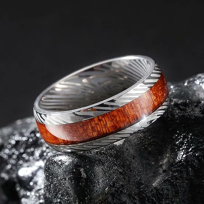 Genuine Titanium 8mm wide Titanium Ring inlaid Shabili wood and Inner Hole Plating Damascus Texture Wedding Ring High Polished Comfort Fit.