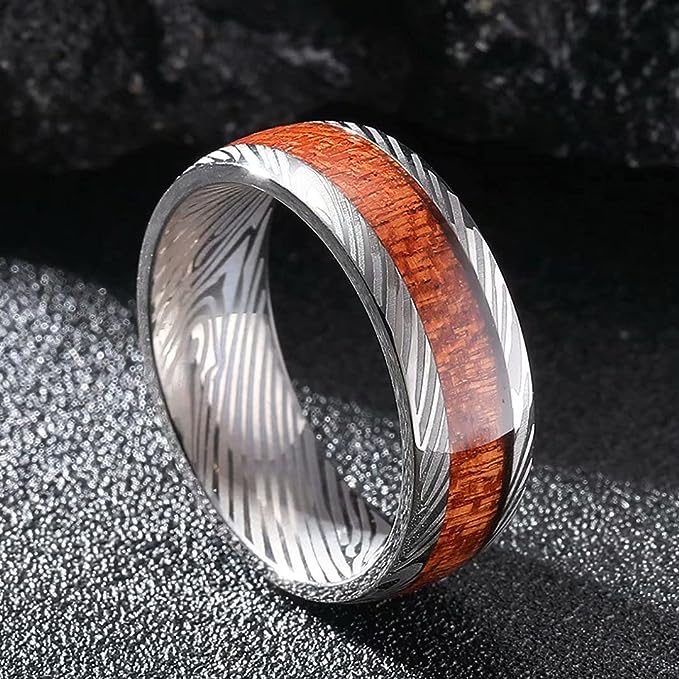 Genuine Titanium 8mm wide Titanium Ring inlaid Shabili wood and Inner Hole Plating Damascus Texture Wedding Ring High Polished Comfort Fit.