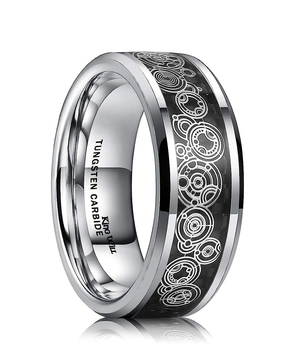 Genuine Carbide Tungsten Color: SILVER 8mm Gear Carbon Fiber Inlay  high polished inner-face design smooth and shiny. Comfort Fit Wedding Band Size 6-15