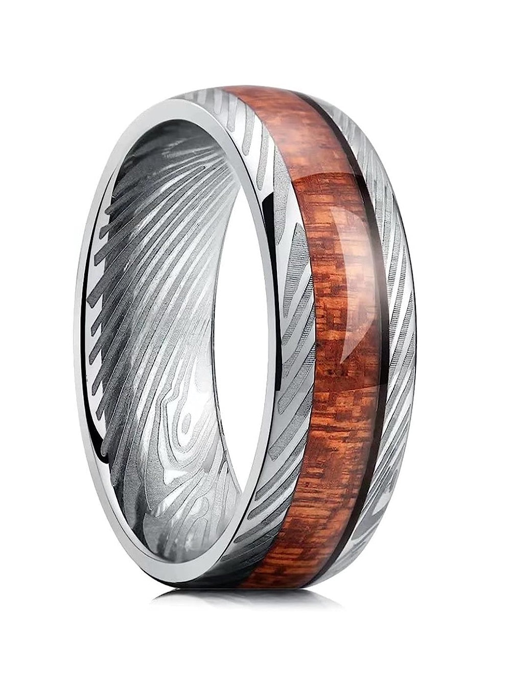 Genuine Titanium 8mm wide Titanium Ring inlaid Shabili wood and Inner Hole Plating Damascus Texture Wedding Ring High Polished Comfort Fit.