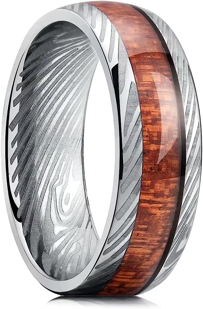 Genuine Titanium 8mm wide Titanium Ring inlaid Shabili wood and Inner Hole Plating Damascus Texture Wedding Ring High Polished Comfort Fit.