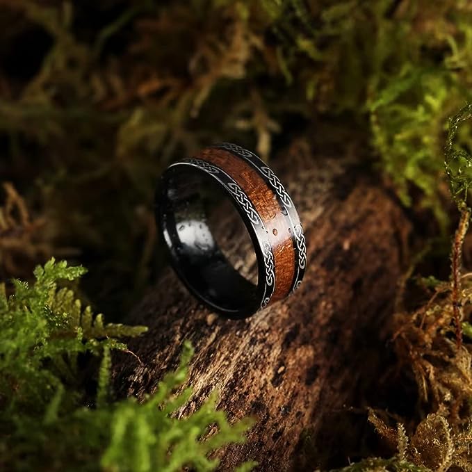 Genuine Titanium 8mm Black Titanium Ring Koa Wood Inlay Celtic Knot Laser Wedding Ring High Polished for Women Men Comfort Fit.